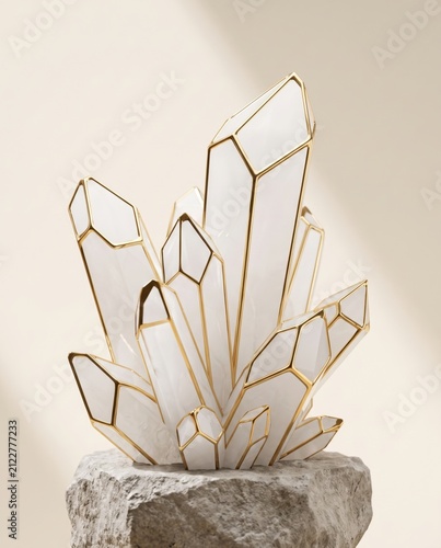Elegant White Quartz Crystal Cluster with Gold Edges on Stone Pedestal for Luxury Interior Design Concept
