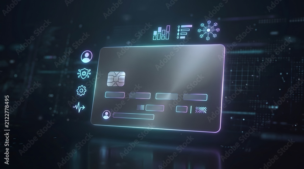 Fototapeta premium Futuristic digital smart card concept for secure payments and fintech analytics