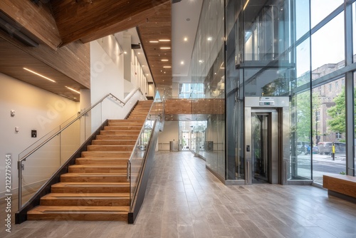 Elegant entry hall with stairs and glass elevator in a modern housing block