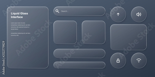 Liquid glass interface elements set with frosted glass effect on a dark blue background
