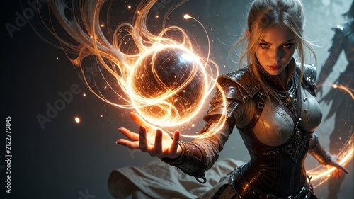 Fantasy Sorceress Casting Glowing Golden Energy Spell