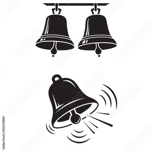 Bell icons set with hanging bells and ringing bell vector black silhouette graphic for notification alert and signal
