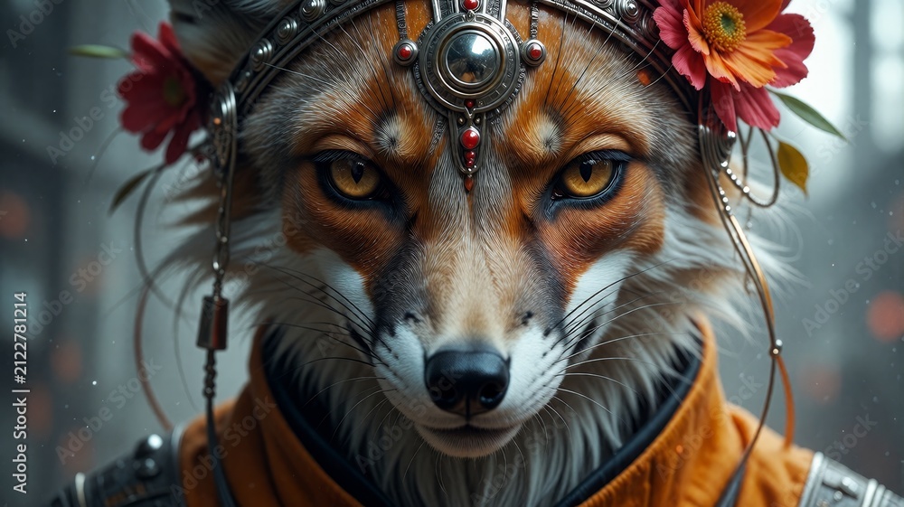 Fototapeta premium Futuristic Anthro Fox with Intricate Ornate Headpiece and Floral Accents