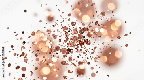 Rose gold glitter explosion on white background. Festive confetti particles in motion.