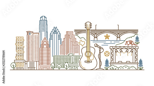Bild auf Leinwand Minimalist line art illustration of the Austin Texas city skyline with iconic musical and state symbols