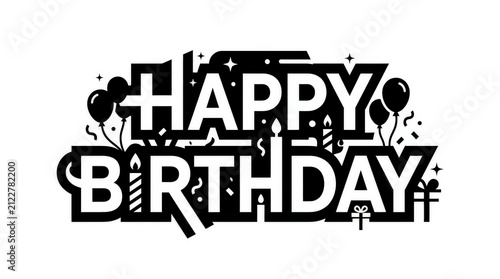 Happy Birthday text design. Celebration typography with balloons and candles.
