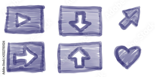 Fotografie Set of hand-drawn arrowheads and heart shape in blue marker with different directions on transparent background, suitable for graphic design icons or UI needs