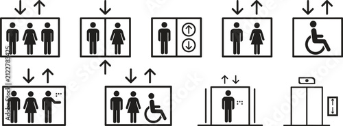 Set of elevator lift icons with people and accessibility symbols for building signs Vector