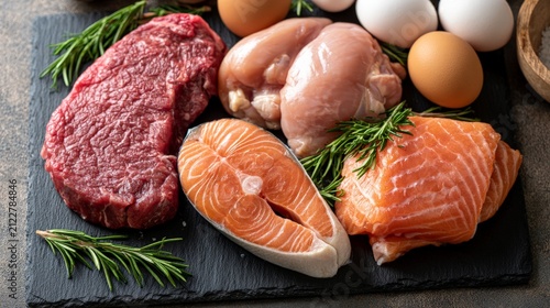 Different types of meat and eggs arranged on a dark surface with some herbs beside them