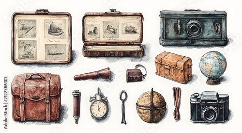 Nostalgic object sketch set with classic devices and decor wallpaper