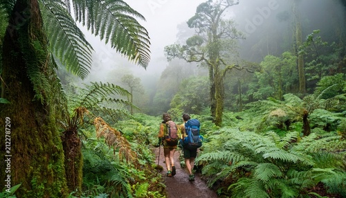 two hikers with backpacks trek through a lush green jungle filled with towering trees and giant ferns under misty conditions
