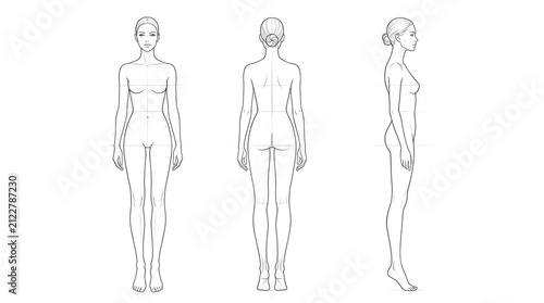 Professional female fashion croquis body template showing front, back, and side views for apparel design, garment sketching, and clothing proportion mapping on white background