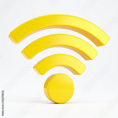 Modern yellow Wi-Fi symbol isolated on white backdrop, glossy 3D rendering, minimalist technology concept representing wireless connection and communication. Close-up.