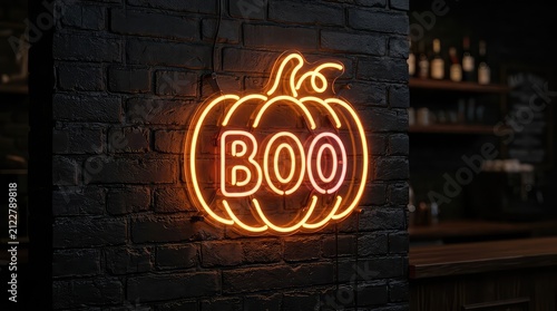 Halloween pumpkin neon sign on brick wall. Glowing orange Boo decor for holiday party.
