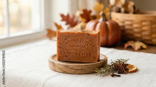 Pumpkin spice soap bar on wooden tray. Autumn seasonal skincare product with fall decor.