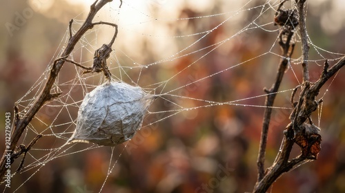 Spider egg sac on a web. Macro shot of a silk cocoon hanging on dry autumn branches.