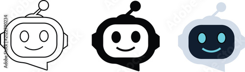 Cartoon robot characters with speech bubble designs featuring friendly smiling faces and antennae for digital illustrations or techthemed graphics