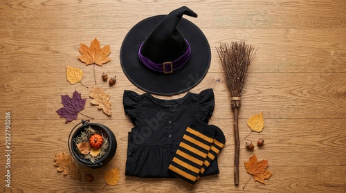 Halloween witch costume flat lay. Child witch outfit with hat, broom and striped socks.