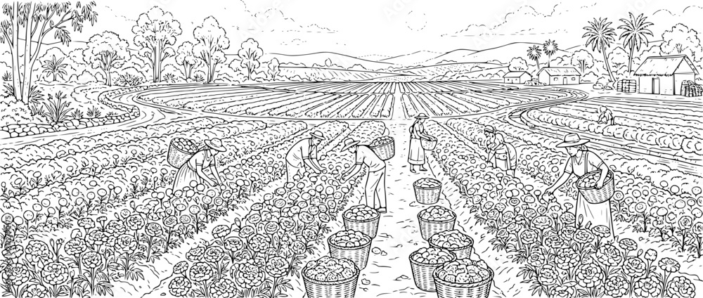 Fototapeta premium Farmers Harvesting Crops in a Rural Countryside Field Coloring Page