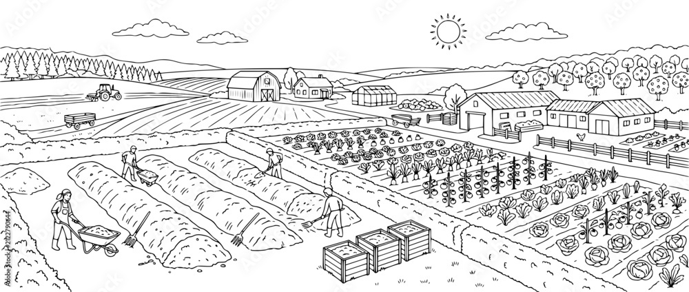 Fototapeta premium Organic Farming Community Garden Line Art Illustration