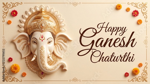 Decorative Ganesh idol with floral arrangements and festive text for Ganesh Chaturthi celebration, set against a light background