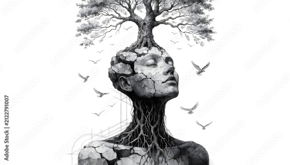 Fototapeta premium Pencil sketch illustration of a stone human head with an oak tree growing out. Inner peace and mental wellness concept. Serene cracked face meditating with birds flying around tree roots