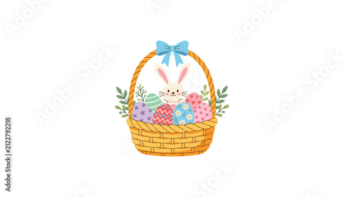 Cuadro en lienzo Cute Easter basket vector illustration with cartoon bunny colorful painted eggs