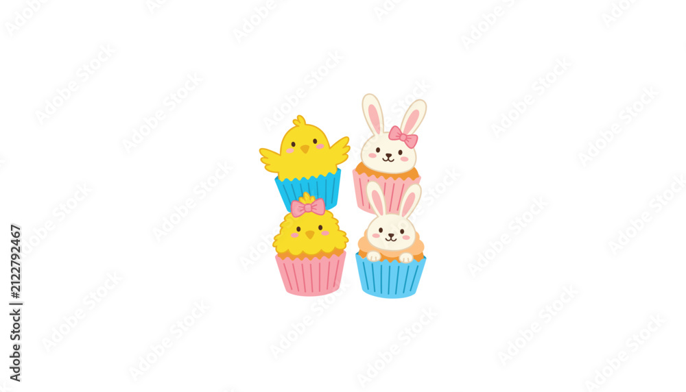 Fototapeta premium Cute Easter cupcakes vector collection with kawaii bunny and cartoon chick spring holiday dessert elements set