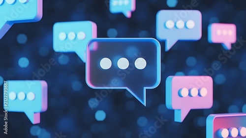 Abstract 3d of floating chat bubbles with ellipsis symbols representing digital messaging and online social media conversations
