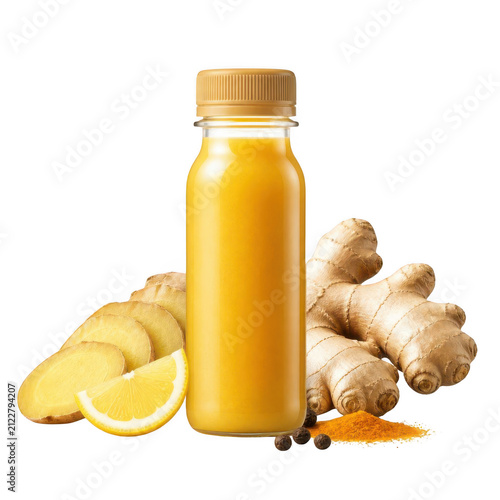Ginger Turmeric Immunity Shot Bottle with Fresh Ingredients Isolated on White