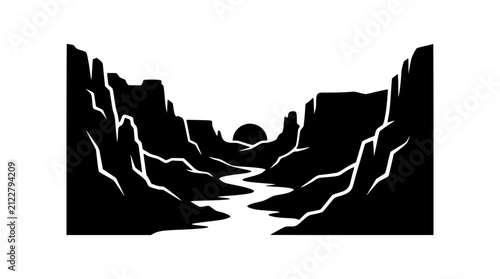 Minimalist black and white canyon landscape silhouette with river and sun