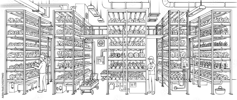 Obraz premium Modern Indoor Vertical Farm With Workers Monitoring Leafy Green Plants Line Art
