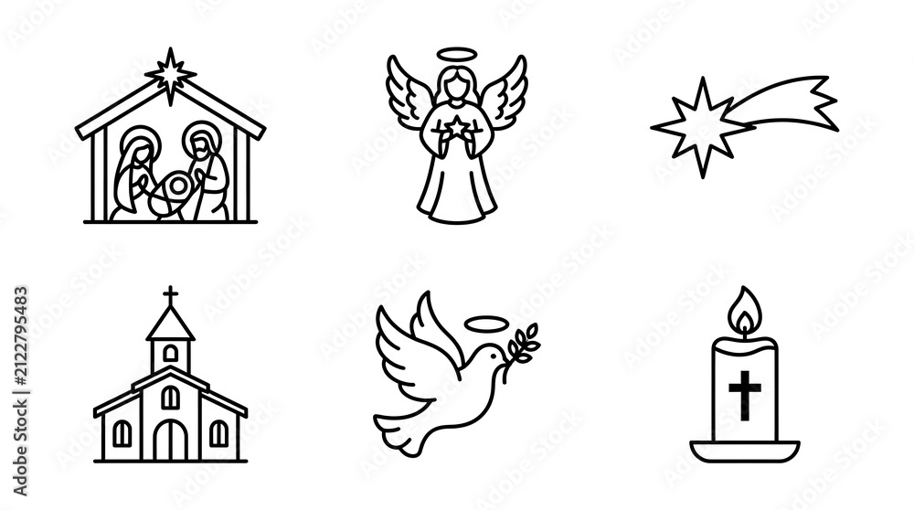 Naklejka premium Christian Christmas Line Art Icon Set