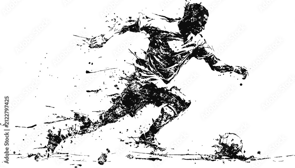 Obraz premium Dynamic soccer player sprinting with ball, black ink splatter silhouette, sport energy and motion concept
