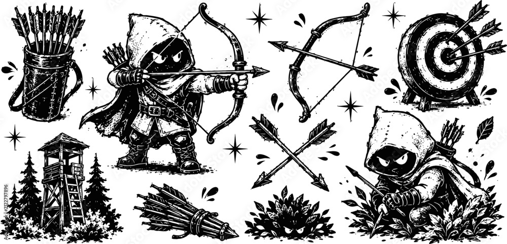 Obraz premium Medieval archer characters aiming with bows, arrows, and targets in a fantasy hunter forest setting