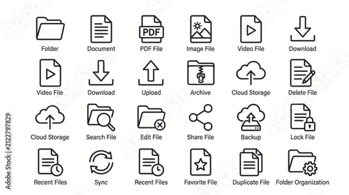 Vector illustration of digital file management icons. Icons representing folders, documents, uploads, downloads, and cloud storage for tech and bus...