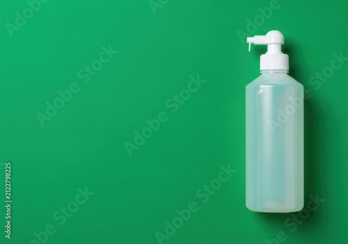 Clear plastic bottle with a white pump dispenser on a vibrant green background, top view