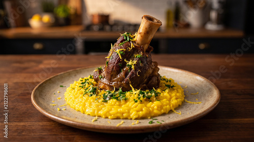 A beautifully detailed photorealistic stock photograph capturing a designer osso buco dish. Tender braised veal shank over vibrant saffron risotto with lemon gremolata zest.
