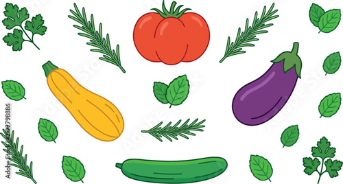 Fotografie Fresh Mediterranean Ratatouille Vegetables Vector Set with Whole Tomato Eggplant