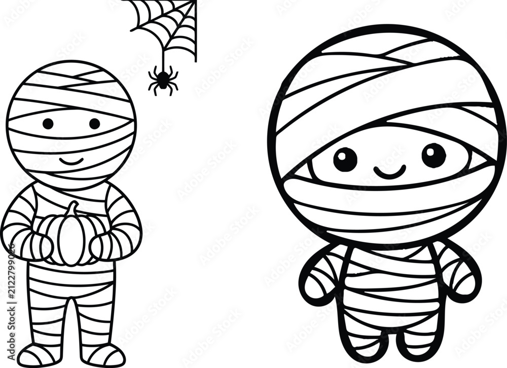 Obraz premium Cute cartoon mummy characters for halloween coloring page featuring a small spider and pumpkin for kids activity book illustration