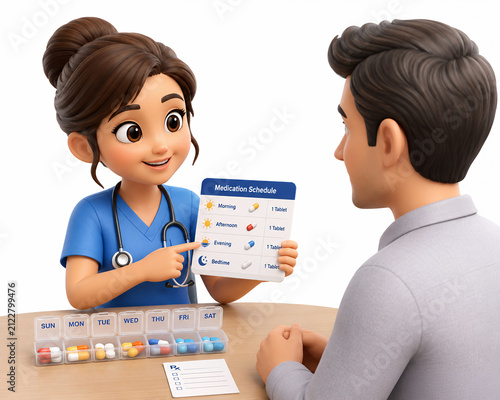Helpful 3D Nurse Mascot Explaining Medication Schedule and Pill Organizer to Patient