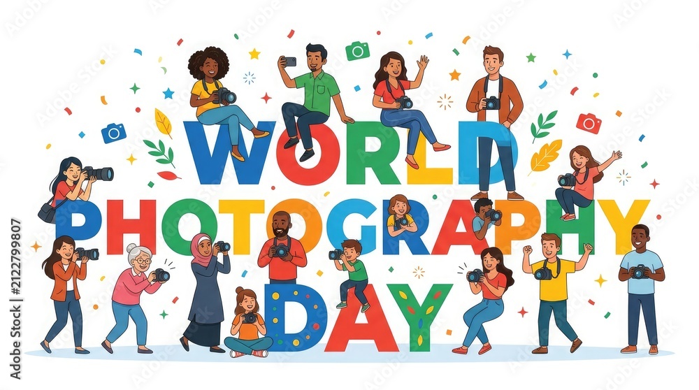 Fototapeta premium Colorful illustration featuring diverse people with cameras celebrating world photography day with creative typography and festive confetti on a clean white background