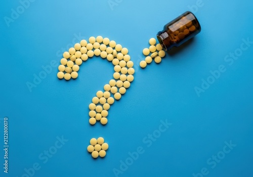 A question mark formed by yellow pills spilling from a dark brown bottle on a bright blue background