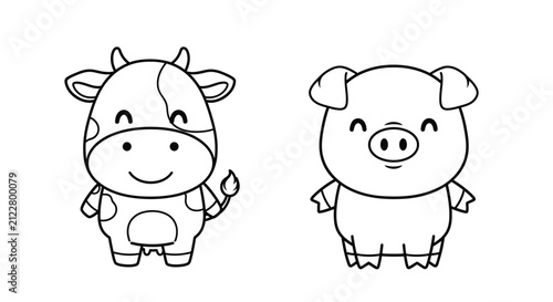 Cute cartoon cow and pig characters.