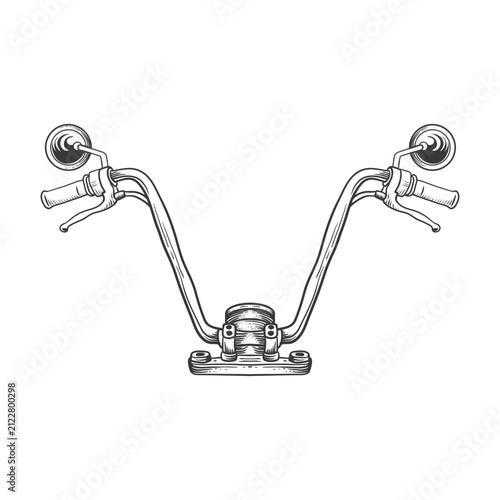 Detailed handlebar of classic motorcycle with mirrors and grips in retro sketch style art.