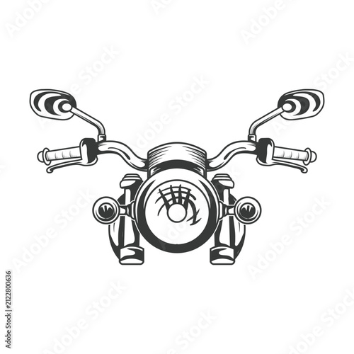 Front view of vintage motorcycle handlebars with headlight and mirrors in engraved style.