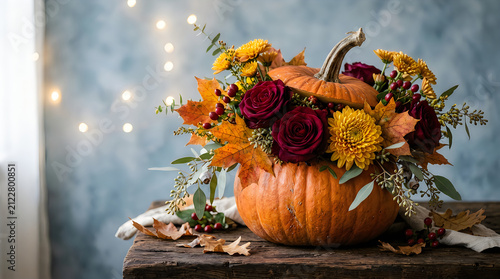 Beautiful autumn flower arrangement inside a pumpkin for halloween decoration