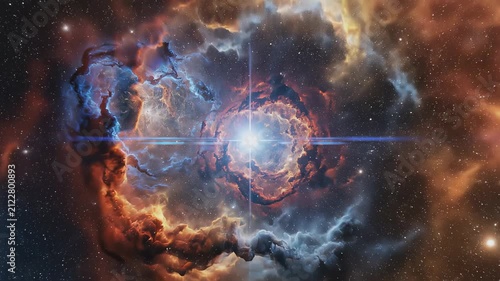 Glowing star explodes within a colorful cosmic nebula. Swirling clouds of orange and blue gas expand across deep space with bright lens flares. Concept of astronomy, astrophysics, universe