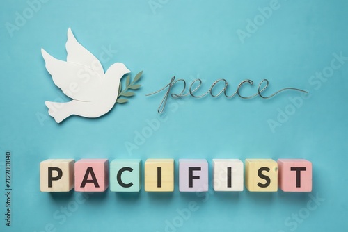White dove with olive branch and pacifist blocks on blue background for peace concept