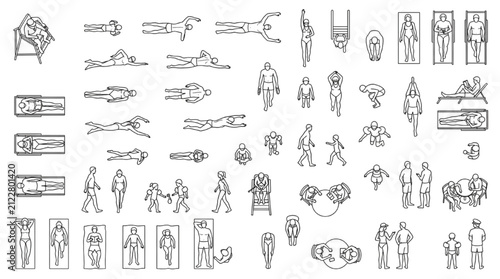 Top View Swimming Pool Human Collection Architectural CAD Line Art Library